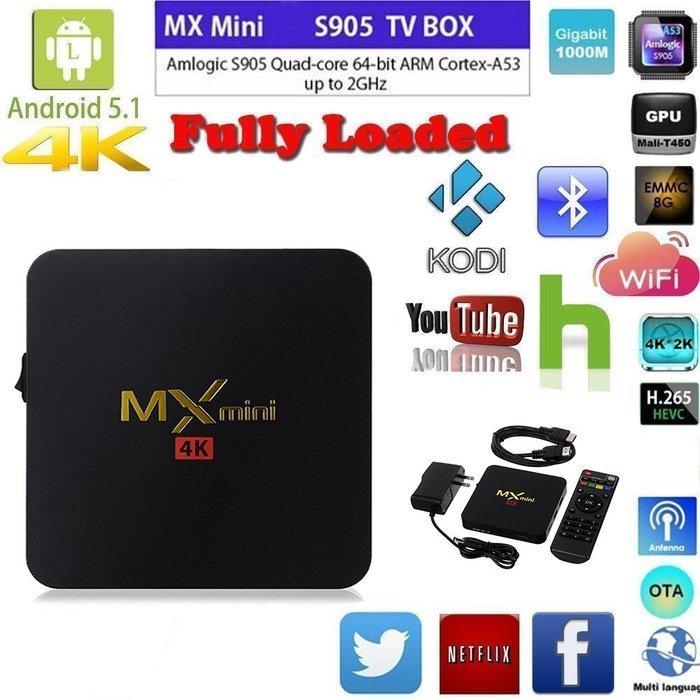 WELLWIN MX MINI TV BOX Amlogic S905 1g/8g Android 5.1 KODI 16.0 Full Loaded with Bluetooth HDMI WIFI 4K (Black )