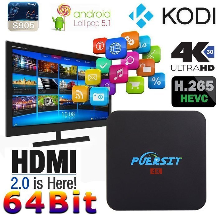 Puersit Q2 Pro Android 5.1 Wifi TV Box with 16.0 Quad Core 1GB/8GB and 4K Smart Media Player