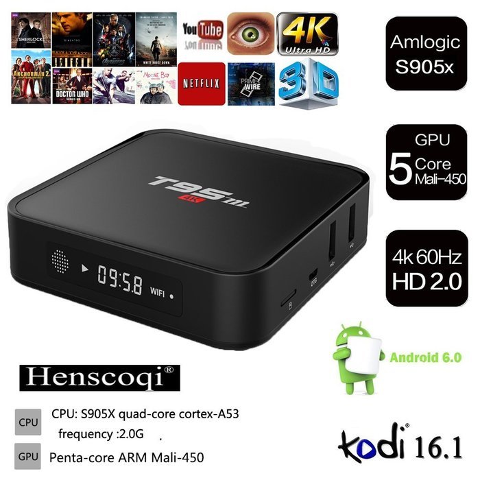 Henscoqi T95M Android TV Box Amlogic S905X KODI Pre-installed Quad Core CPU 4K HD 6.0 Marshmallow WiFi 3G 1080P...