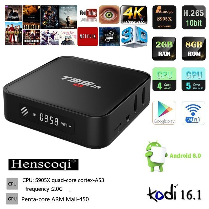 Henscoqi T95M Android TV Box Amlogic S905X KODI Pre-installed Quad Core CPU 4K HD 6.0 Marshmallow WiFi 3G 1080P... N9