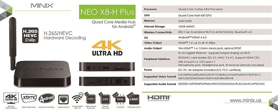 Minix Neo X8H Plus XBMC/Kodi Android TV Box, Mini-PC, Media Hub Quad A9/Octo Mali N2