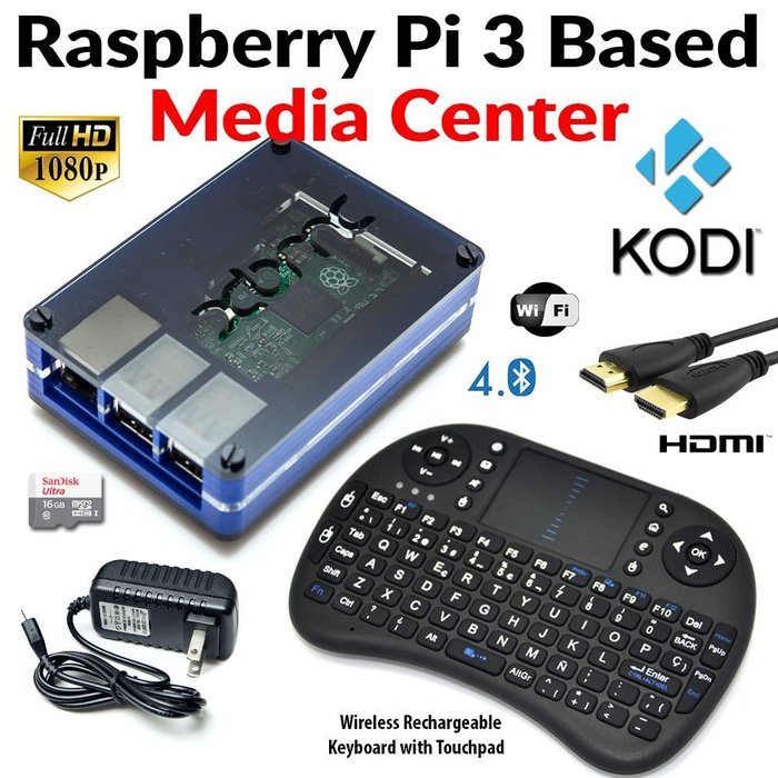 Raspberry Pi 3 Based - Extreme Xbmc Kodi Media Center - Blue Case - Bundle with Wireless Keyboard/Touchpad