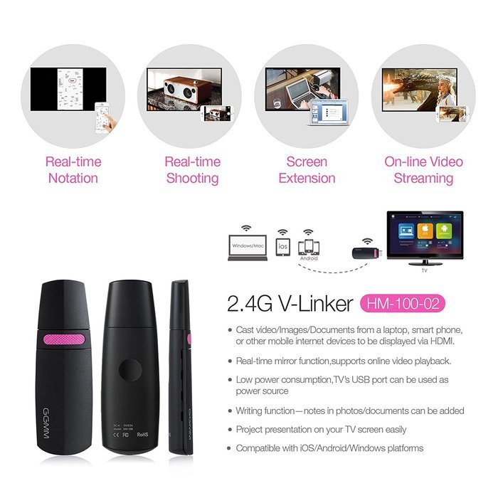 GGMM V-Linker 2.4G HDMI Streaming Media Player, Wireless Wi-Fi Display Dongle. Easily Mirror Videos/Photos/Docs... N5