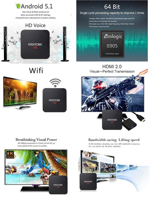Easytone 4K Ultra HD Android 5.1 Lollipop Amlogic S905 OTT TV Box Quad-Core Google Netflix Streaming Media Player... N4