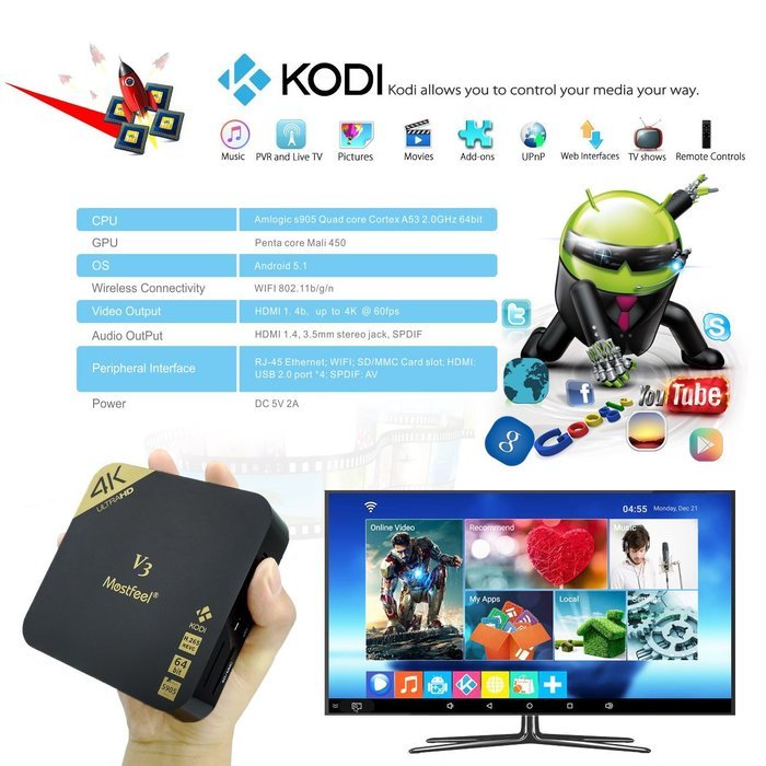 Smart TV BOX, Android 5.1 Mostfeel Quad Core CPU Amlogic S905 1GB/8GB 4K Ultra HD HDMI Streaming Media Player... N2