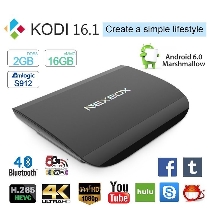 NEXBOX A1 4K TV BOX Amlogic S912 Octo-core 2GHz ARM Cortex-A53 64-bit Android 6.0 2G 16G Smart STB KODI 16.1 Support...
