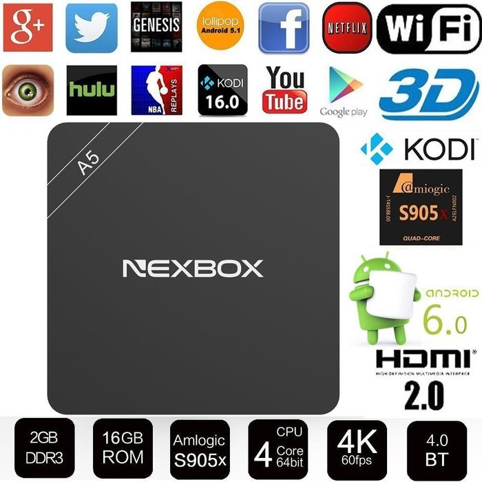 HONGYU&reg; NEXBOX A5 Android 6.0 TV BOX HD KODI 16.1 Fully Loaded XBMC Amlogic S905X Quad Core 64bit 2GB /16GB BT...