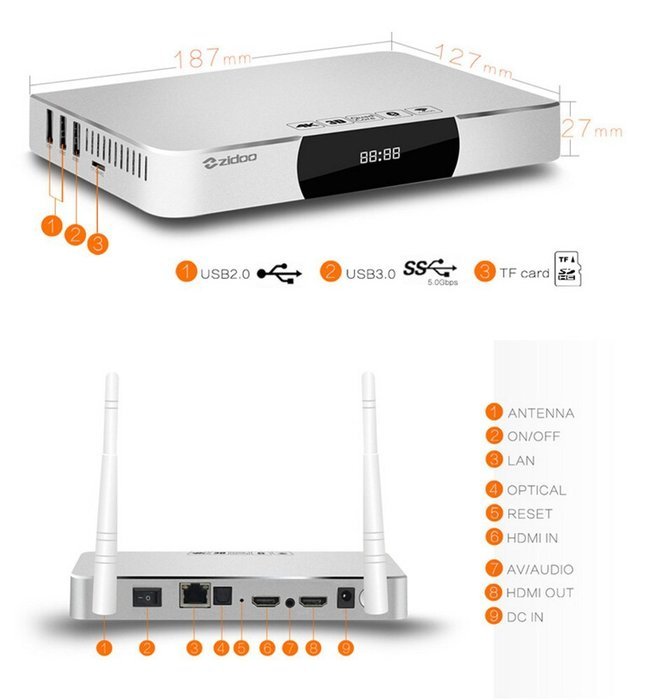 Android TV Box Zidoo&reg; X9 HDMI IN Recorder Quad Core 2G/8G Wifi Bluetooth 4K*2K H.265 UHD Picture in Picture USB... N2