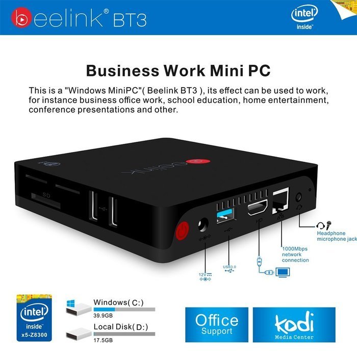 Beelink BT3 Windows 10 TV Box Intel Atom x5-Z8300 2GB/32GB Windows Box with 2.4G/5GHz Wifi BT4.0 USB3.0 1000M... N4