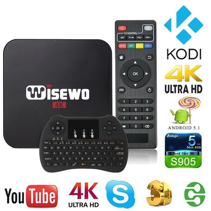 WISEWO Android TV Box (Amlogic S905 HD 4K Quad Core CPU KODI) with I8 Wireless Keyboard