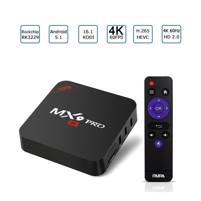 RUPA 4K MX9 PRO Android 5.1 TV Box Amlogic RK3229 2GB/16GB 1080P H.265/H.264 1000M with Kodi/XBMC Fully Loaded... N4