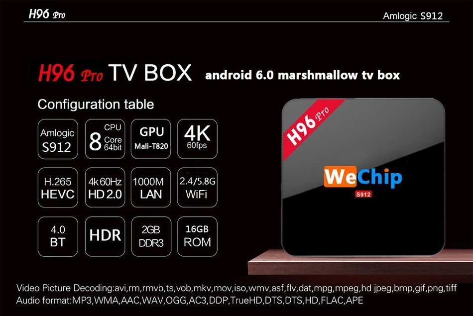 Joinwe-world WeChip H96 PRO Amlogic S912 Android TV Box Octa core ARM Cortex-A53 2G/16G Android 6.0 TV Box WiFi... N4