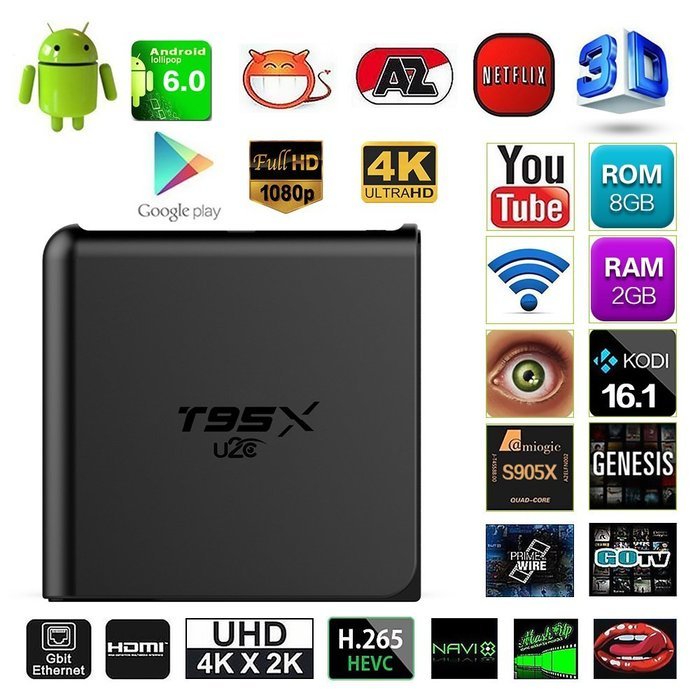 U2C&reg; T95X Android 6.0 Mini Android TV Box Kodi 16.1 Ultra HD 4K Amlogic S905X Quad Core Fully Loaded 3D WiFi 2G... N6