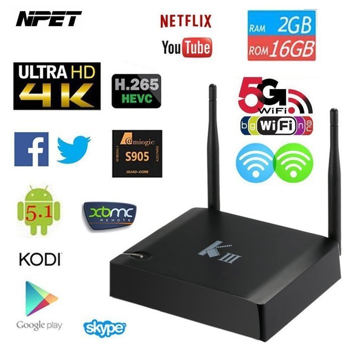 NPET KIII Android 5.1 Lollipop TV BOX Kodi 16.1 Amlogic S905 2GB 16GB 4K XBMC Wifi Streaming Media Player