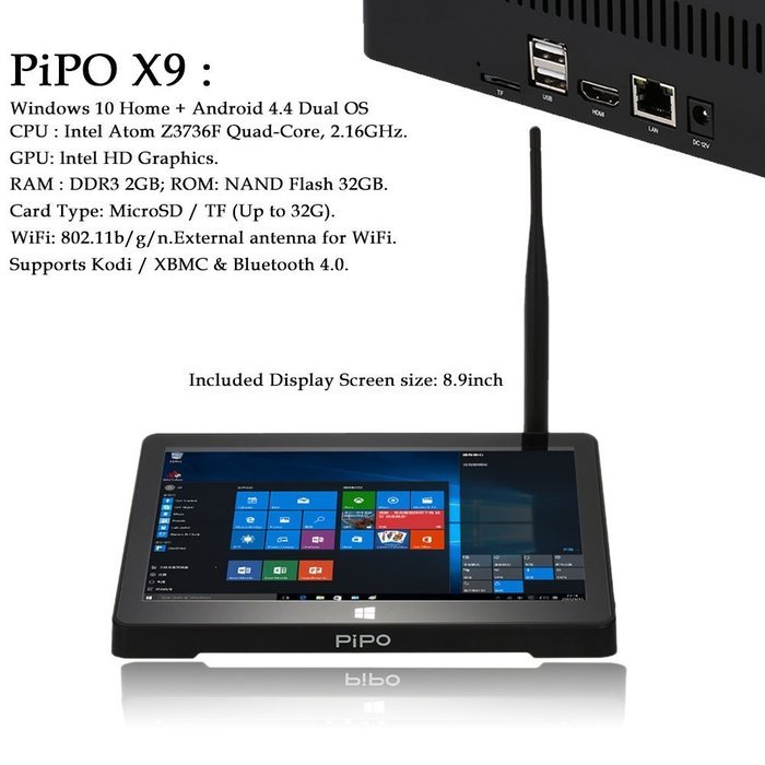 PiPO X9 Windows/Android 1080P dual-OS 2G/32G Quad Core Mini PC internet streaming TV player with custom Kodi/XBMC...