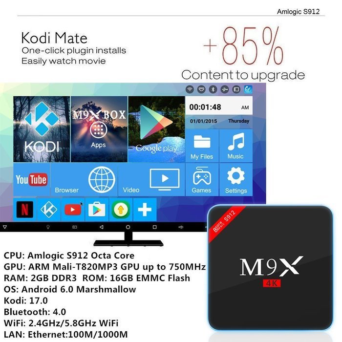 Kekilo M9X M3 TV Box Amlogic S912 Octa Core Android 6.0 Marshmallow 4K Kodi 17.0 Pre-installed 2GB/16GB Dual WiFi... N2