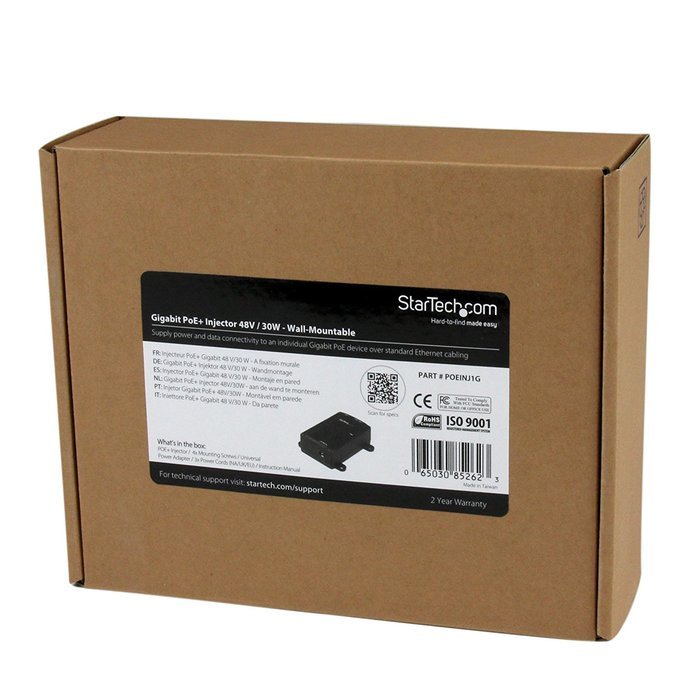 StarTech.com 4 Port Gigabit Midspan PoE+ Injector Wall-Mountable Power Over Ethernet (POEINJ4G) N12