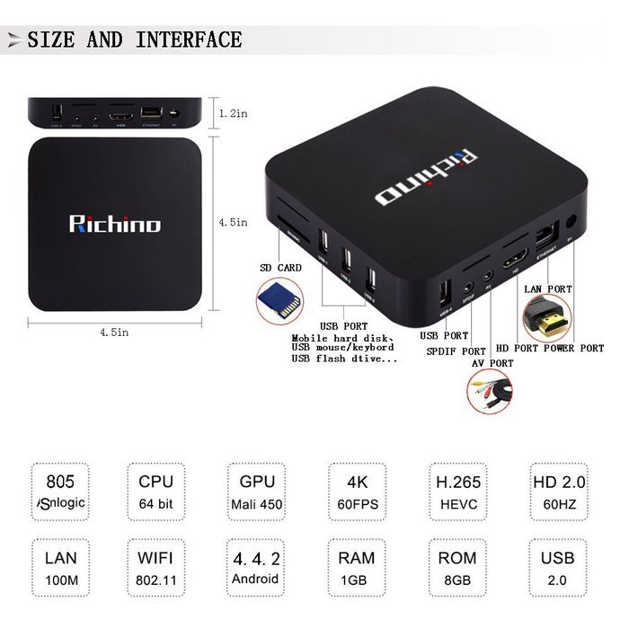 NEW Richino TV BOX Q Pro Android 4.4.2 Amlogic S805 Kodi 16.0 Quad Core 1GB/8GB Full Loaded Wifi, 1080P, 4K Smart... N6