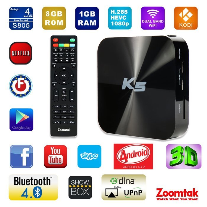 Zoomtak K5 Android TV Box Kodi 16.0 Fully Loaded Amlogic S805 Quad Core 1G RAM/8G ROM,Bluetooth 4.0,Dual Band...