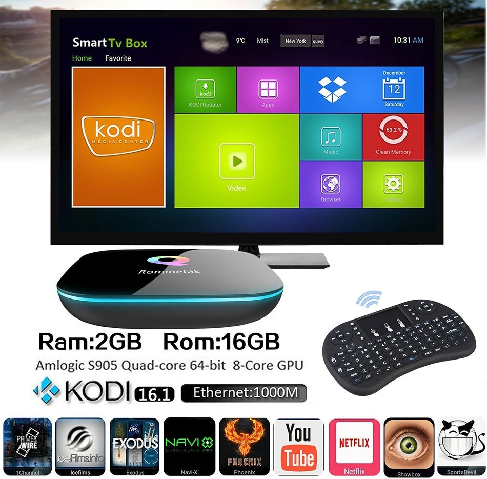 Rominetak [Q-Box 2G/16G + Wireless Mini Touchpad Keyboard] Android 5.1 Lollipop TV Box Quad Core 4K UHD 3D 1000M...