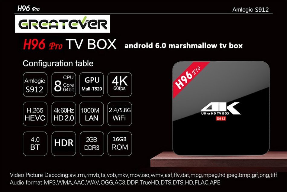 Greatever H96 PRO TV BOX Amlogic S912 Octa Core Android 6.0 Marshmallow 2G 16GB H.265 4K UHD 3D Kodi 17.0 Pre-installed... N3