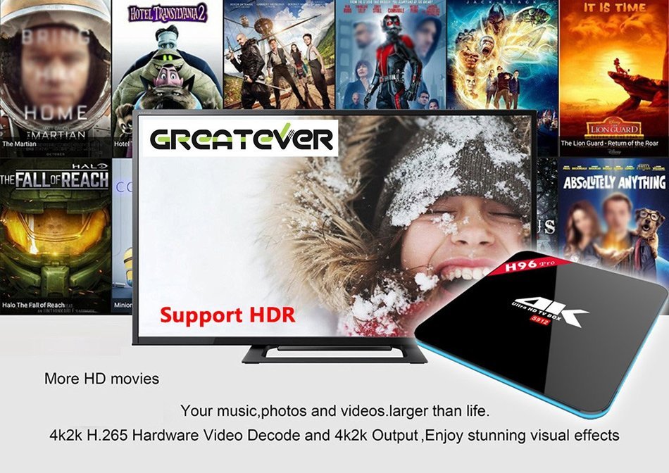 Greatever H96 PRO TV BOX Amlogic S912 Octa Core Android 6.0 Marshmallow 2G 16GB H.265 4K UHD 3D Kodi 17.0 Pre-installed... N4