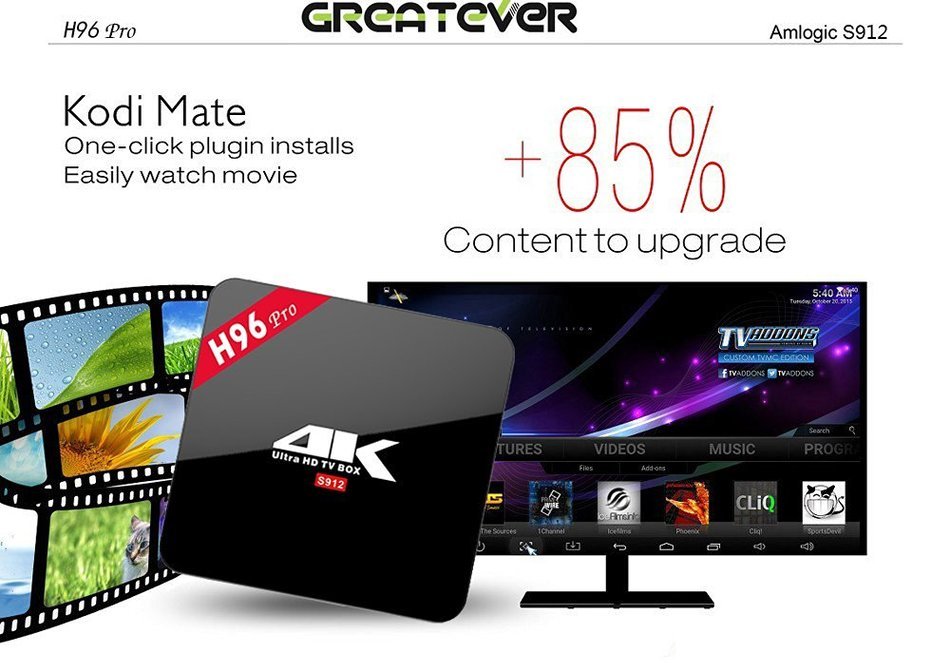 Greatever H96 PRO TV BOX Amlogic S912 Octa Core Android 6.0 Marshmallow 2G 16GB H.265 4K UHD 3D Kodi 17.0 Pre-installed... N5