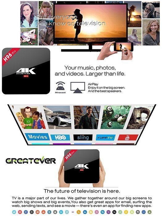 Greatever H96 PRO TV BOX Amlogic S912 Octa Core Android 6.0 Marshmallow 2G 16GB H.265 4K UHD 3D Kodi 17.0 Pre-installed... N6