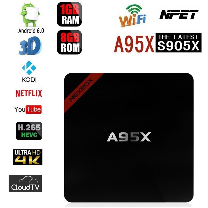 NPET A95X Android 6.0 Amlogic S905X TV Box Kodi 16.1 Wifi 3D 4K 1GB 8GB Streaming Media Player