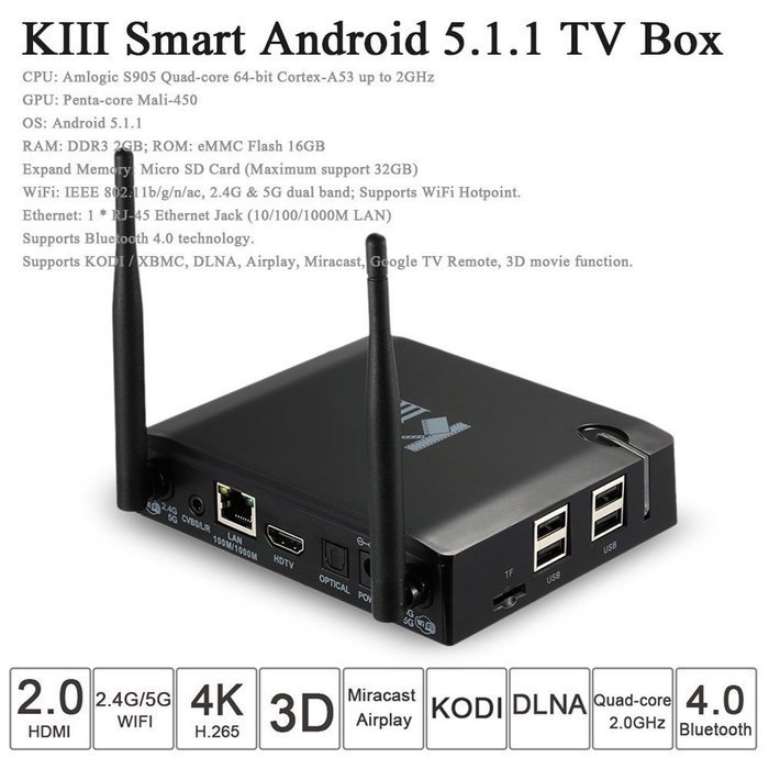 YuRen 2016 Newest KIII Amlogic S905 Android 5.1 TV Box Quad-Core 2G/16G K3 PC 2.4/5G Dual WiFi XBMC UHD 4K 3D... N3