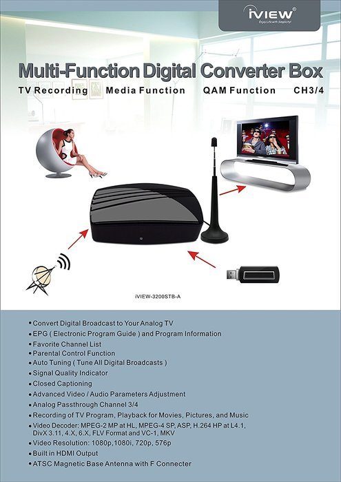 iView 3200STB-A HDTV DTV Digital Converter Box and Antenna with Media Player and Recording PVR Function N4