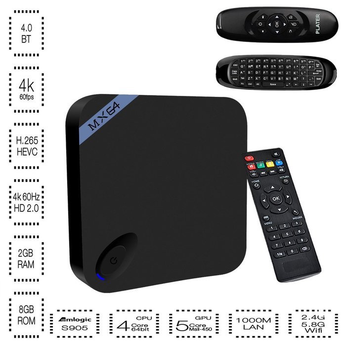 Plater MX64 TV Box Android Lollipop 5.1 Kodi Amlogic S905 Quad-core H.265 HEVC HDMI2.0 2GB/8GB 1000M/LAN 2.4/5.8GHz... N3