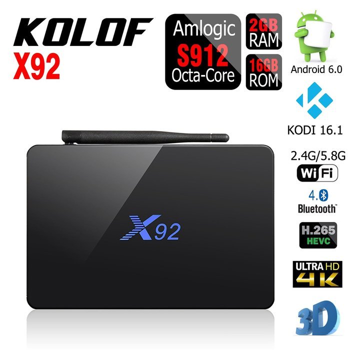 KOLOF X92 OTT Android 6.0 TV Box Amlogic S912 Octa Core KODI 16.1 2G 16G Streaming Media Player
