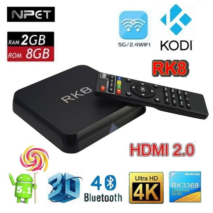 NPET RK8 Android 5.1 Lillipop 2GB 8GB RK3368 Kodi 15.2 Smart TV Box Bluetooth Wifi 3D 4K Octa Core Streaming Media...