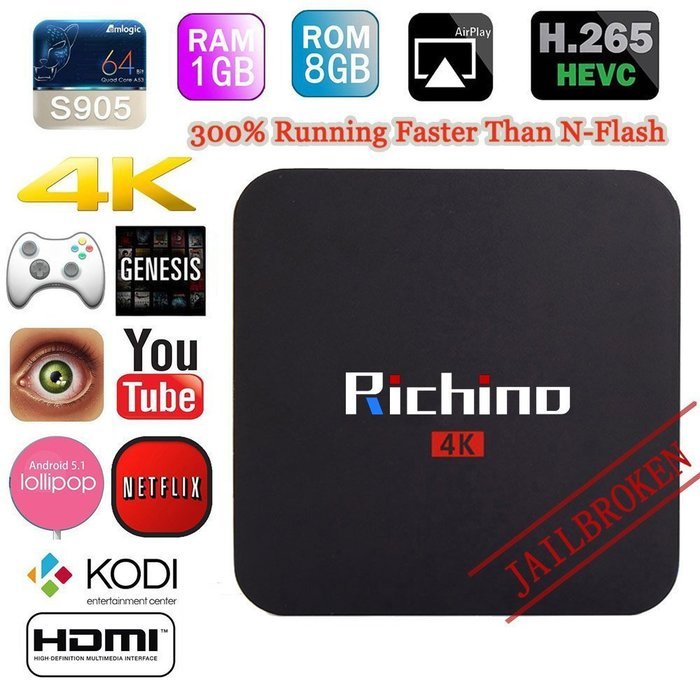 Richino Q2 Pro Android 5.1 TV Box (Amlogic S905 Kodi 16.0 Quad Core 1GB/8GB Wifi, 1080P, 4K Smart Media Player)