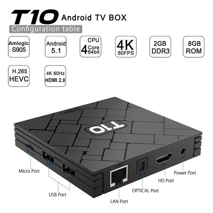 TICTID T10 Android TV Box 4K [2G DDR3/8GB Flash] Amlogic S905 Chipest Quad Core-Android 5.1 Lollipop OS with Kodi... N6