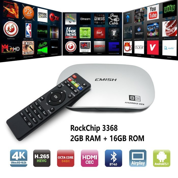 New EMISH 4K Octa Core RockChip 3368 64Bit 16G Flash DDRIII 2GB Android 5.1 Smart TV Box, Game Player with KODI...