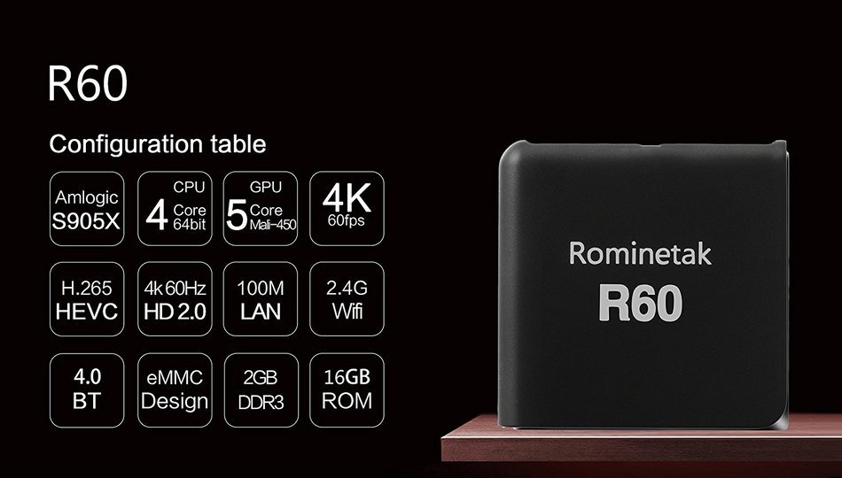 Rominetak R60 Android 6.0 Marshmallow TV Box 2GB DDR3 RAM 16GB emmc Flash Bluetooth 4.0 4K UHD 3D Kodi 16.1 Fully... N2