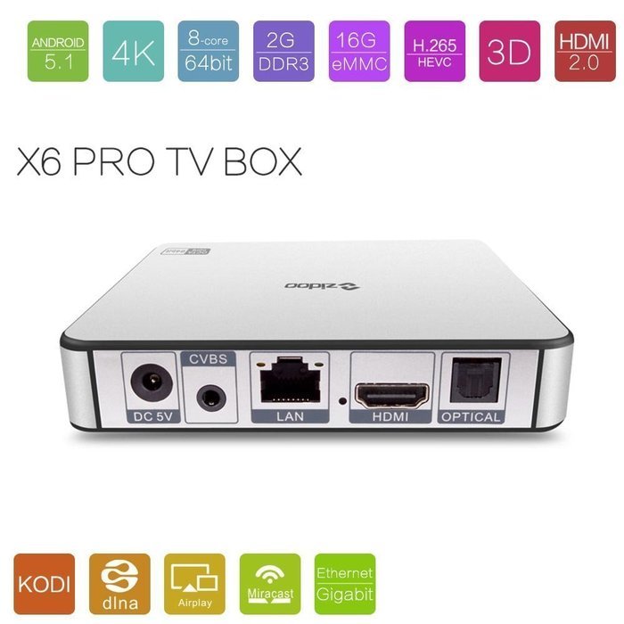 Zidoo X6 Pro Smart TV BOX Android 5.1 Lollipop Octa Core 2G/16G Dual Band Wifi HDMI 2.0 4K*2K H.265 UHD 1000Mbps... N3