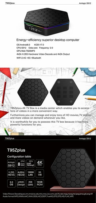 Miroha T95Z plus S912 Octa-core CPU Android 6.0 TV Box 2GB Ram+16GB Rom WIFI 2.4G/5.0G Bluetooth Pre-installed... N5