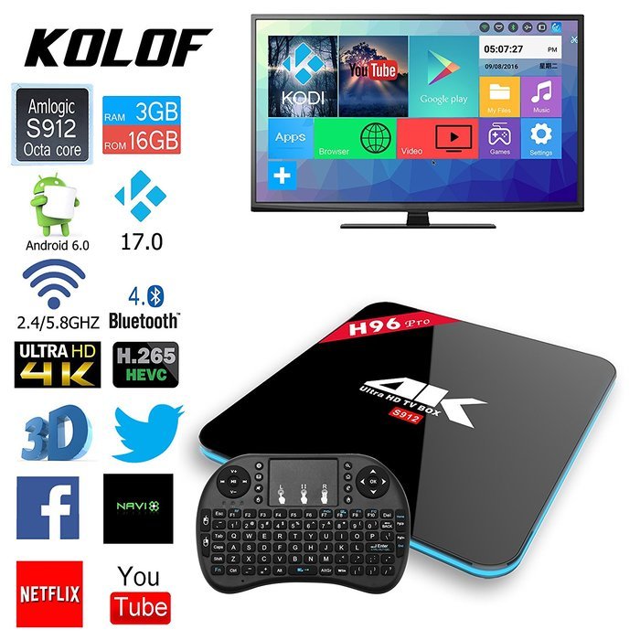KOLOF H96 PRO Amlogic S912 Octa Core TV Box 3GB RAM 16GB ROM Android 6.0 KODI 17.0 Bluetooth 4.0 Streaming Media...