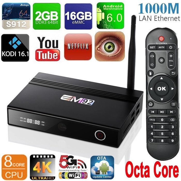 [2GB/16GB] Octa Core Android 6.0 TV Box EM92 4K 2.4G/5G AC WIFI Amlogic S912 with Kodi 16.1 Fully Loaded 1000M...