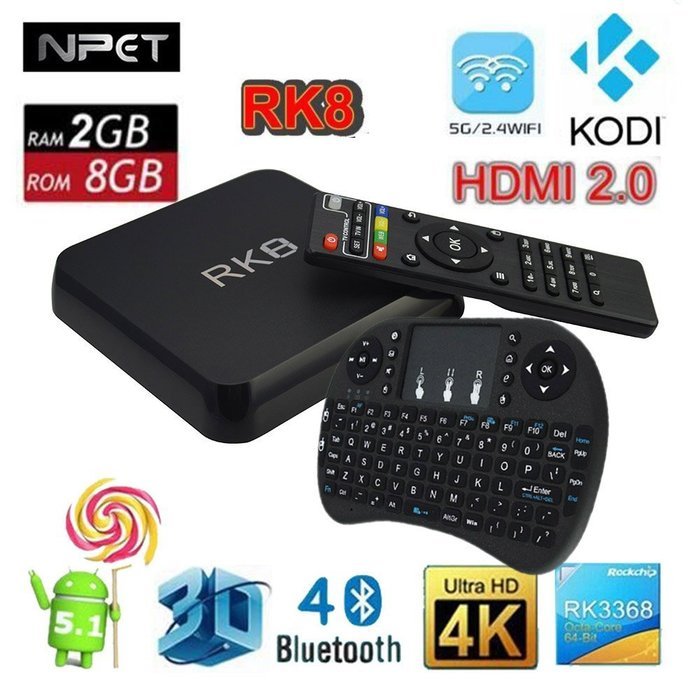 NPET RK8 Android 5.1 TV Box RK3368 Octa Core 64Bit 2GB 8GB WIFI Smart 4K KODI XBMC with Black Wireless Keyboard