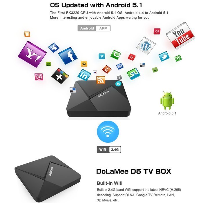 HONGYU [New Series] D5 Android TV Box 1GB /8GB Rockchip RK3229 Quad Core 32bit Android 5.1 with 2.4G Wifi 100M... N6