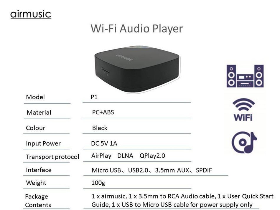 Weekweed&mdash;3rd Generation Wi-Fi Audio Receiver Airmusic P1- AIRPLAY+DNLA+QPLAYER2.0-For APPLE for APPLE (iPhone,... N5