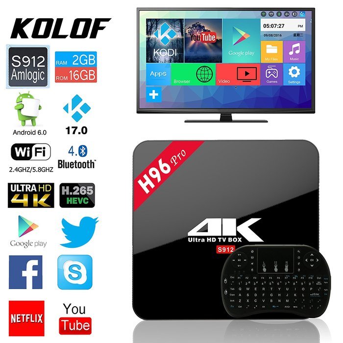 KOLOF H96 PRO Android 6.0 OTT TV Box Octa Core Amlogic S912 KODI 17.0 2G 16G Streaming Media Player with Black...