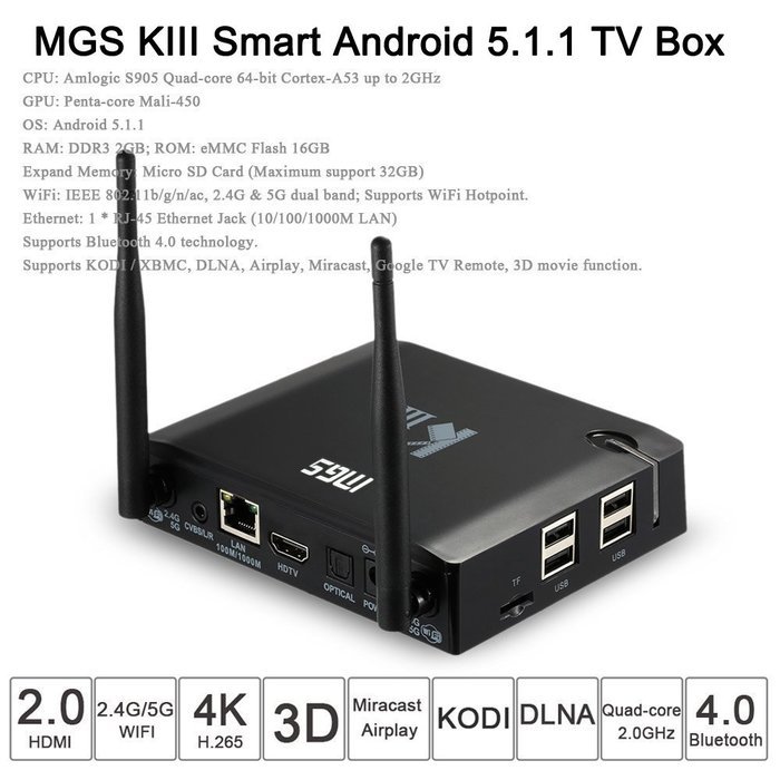MGS Newest KIII TV Box Amlogic S905 Android 5.1 Quad-Core 2G/16G K3 2.4/5G Dual WiFi XBMC UHD 4K 3D Kodi Fully... N4