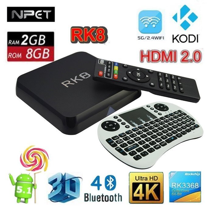 NPET RK8 Android 5.1 RK3368 Octa Core 64Bit Smart TV Box 2GB 8GB WIFI 4K KODI XBMC with White Wireless Keyboard