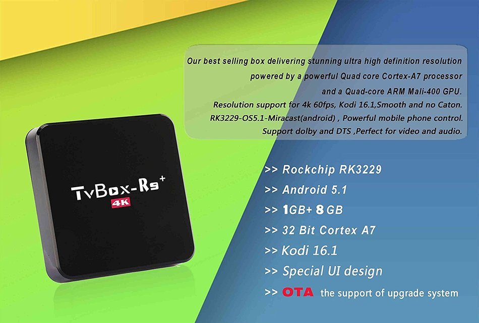 Smart Tv Box R9+ 4k Quad Core ARM Mail-400 GPU 1GB Ram 8GB Nand Flah, Android 5.1.1 KODI 16.1 32 Bit Cortex A7... N6