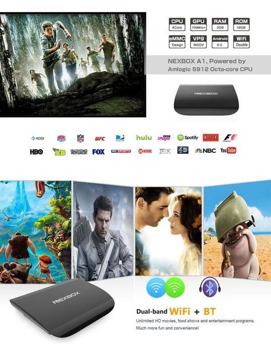 Nexbox A1 - Android 6.0 TV Box Amlogic S912 Octo Core - 3D 4K HD Support - Built in Dual Band WiFi Bluetooth -... N3